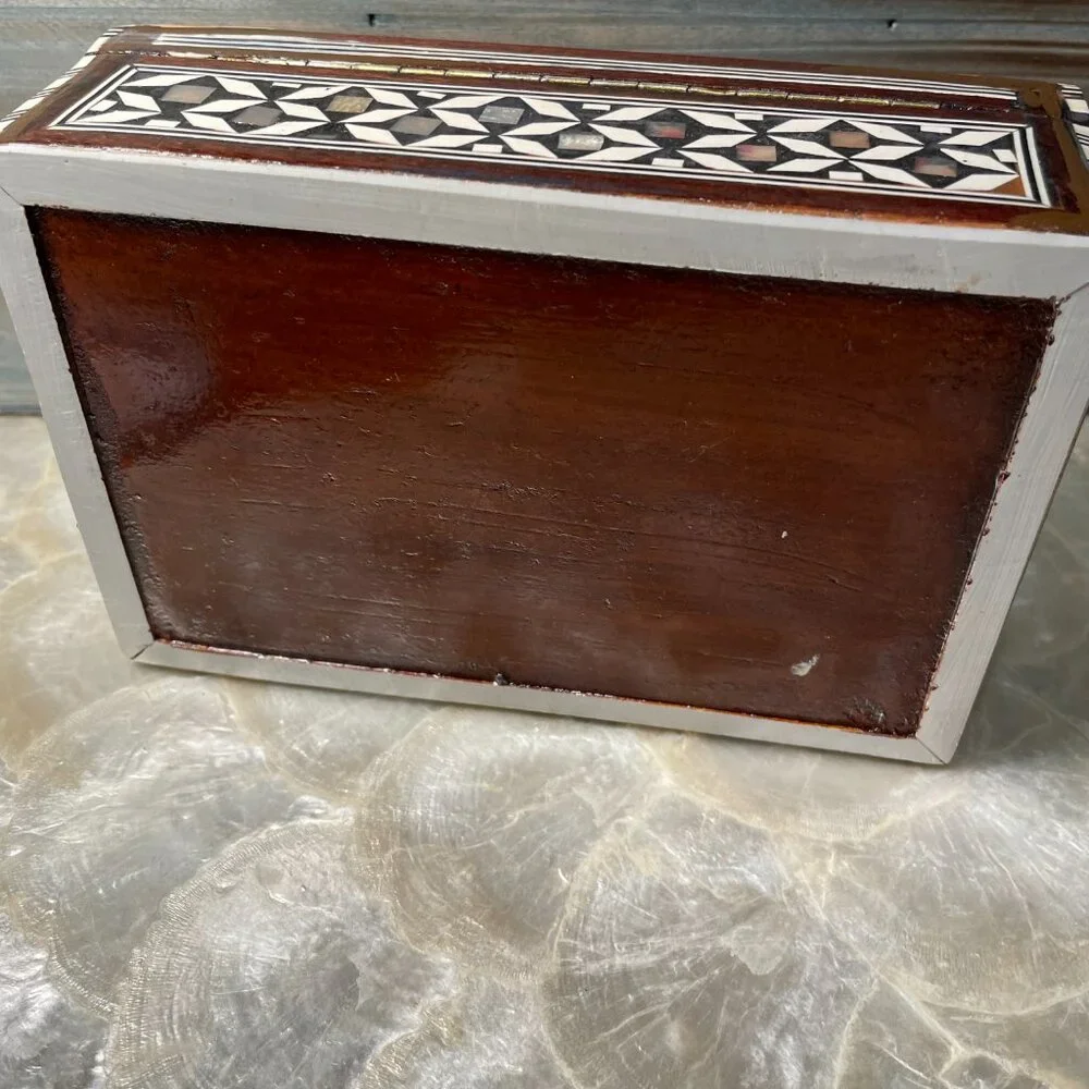 Vintage Wood MOP Shell Mosaic Inlay Handmade Jewelry Keepsake Box